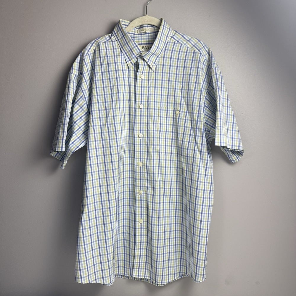 Orvis Button Up Shirt Mens XL Blue Green Plaid Short Sleeves Cotton Casual